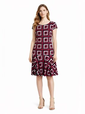 Just Taylor Geometric Print Dress Drop Waist Knee Length Work Office Career
